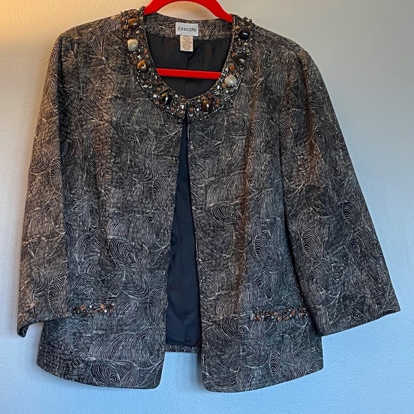 Chico's Women's Jacket Beaded Around Neck Black/Tan Chico‎ Size 2 - Picture 1 of 5